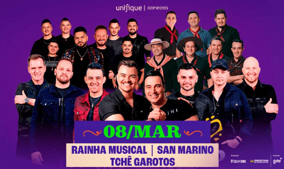 Rainha Musical, San Marino e Tchê Garotos na Festa da Uva 2026 em Caxias do Sul (RS)