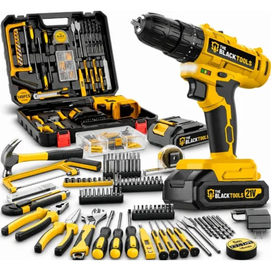 Parafusadeira Furadeira De Impacto The Black Tools Profissional Bateria 21V C/ Maleta + Kit Acessórios 145 Peças TBKIT23