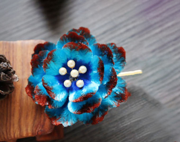 Bluelover headdress brooch, Yangzhou velvet flower