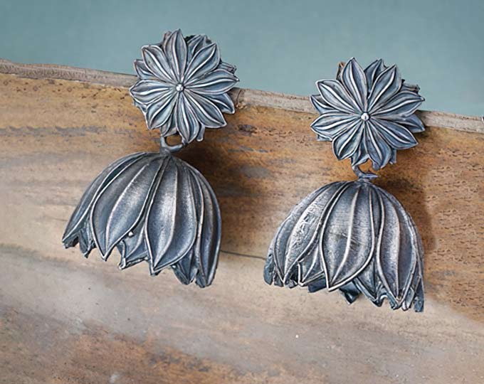 Silver-Toned Lotus Shaped Earrings