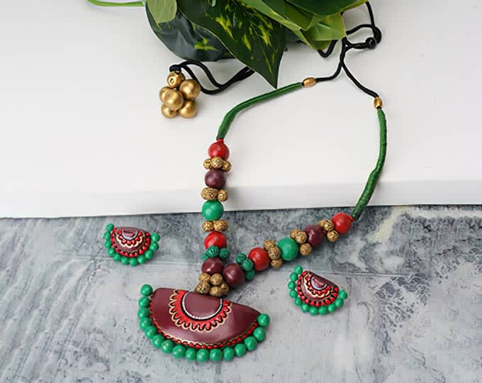 Handcrafted Multicolor Half Moon Terracotta Pendant Set