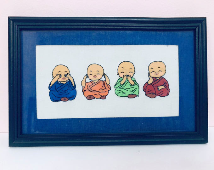 Hand embroidery wall hanging | Three wise monkeys- Buddhist monks version| Embroidery artwork |Framed textile artwork| Home decor |Wall art