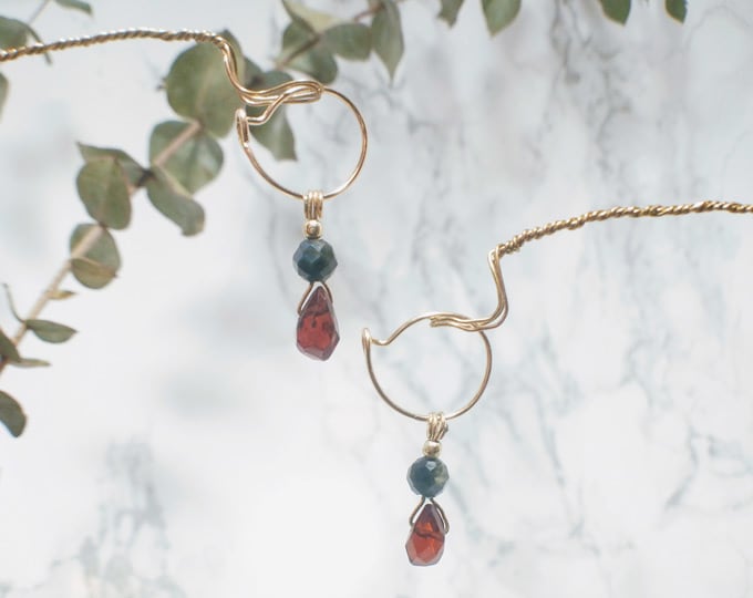 witchy huggie hoop earrings with garnet and tourmaline gemstones, Gothic jewelry, handmade with 14k yellow gold filled metal
