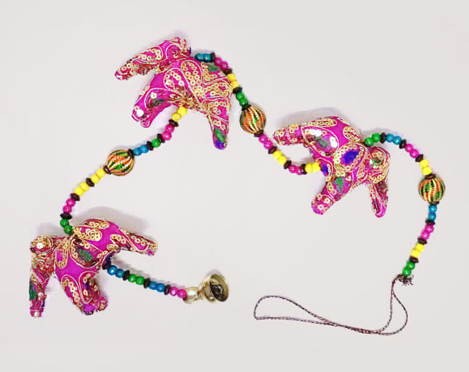 Indian Hanging Decorative Cotton Elephants in Vibrant Color Stringed with Beads and Bell for Wall/Door/Window ( pack of 2 pc ) Length 98 cms