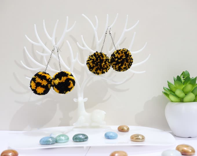 Yellow and Black Pom Pom Earrings
