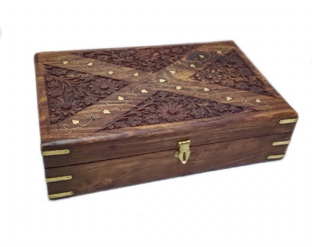 Carved Wood Box with Brass Inlay, Sheesham Wood Hinged Trinket Box,Box Hand Carved in India, Wood Box Brass Inlay Vines, Boho Box Decor