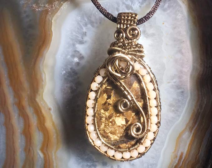 bronzite, crystal quartz, rose,  wire wrapped  pendant