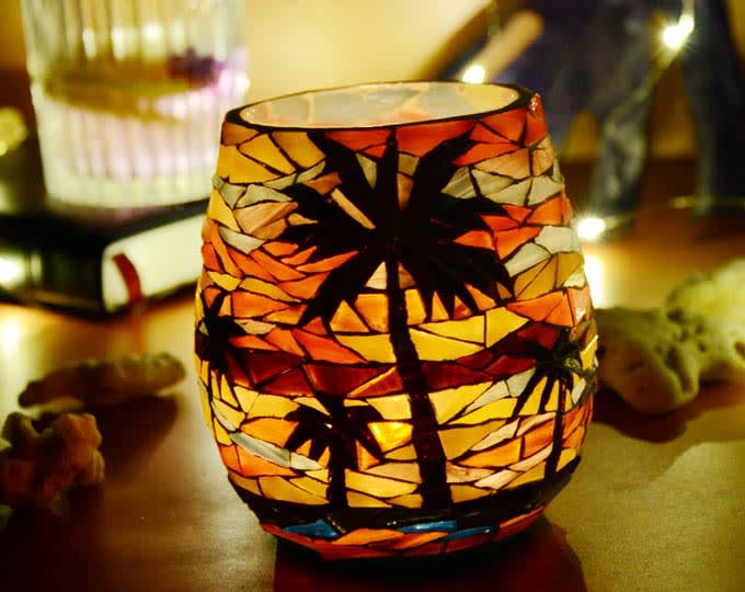 TAF|SUMMER COCONUT PALM|HAND-MADE MOSAIC GLASS CANDLESTICK RETRO HOME DECORATION