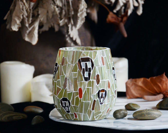 TAF|SKULLS|HAND-MADE MOSAIC GLASS CANDLESTICK RETRO HOME DECORATION