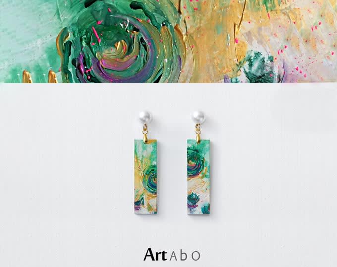 ArtAbO original art abstract oil painting earrings【The green circle 】