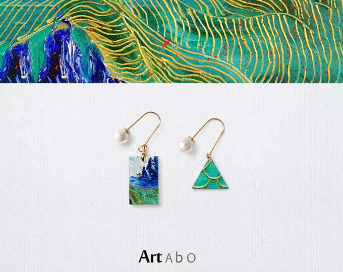 ArtAbO original art abstract oil painting earrings【Landscape Pavilion】