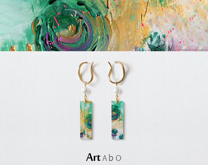 ArtAbO original art abstract oil painting earrings【The green circle curve 】
