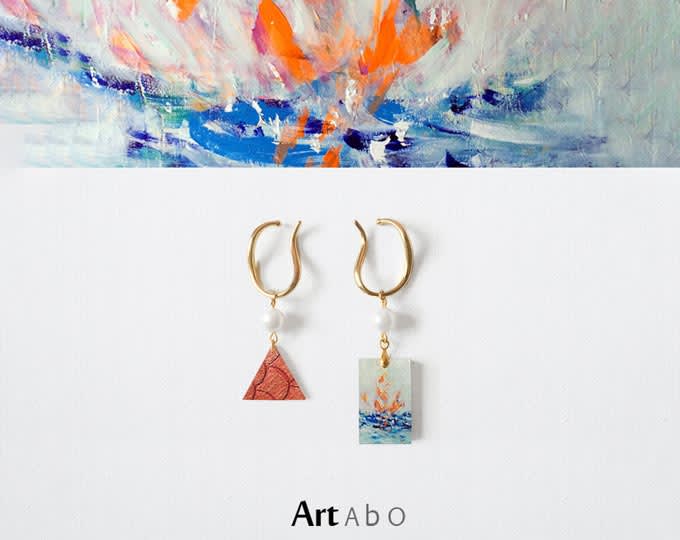 ArtAbO original art abstract oil painting earrings【Fireworks on the Sea curve 】