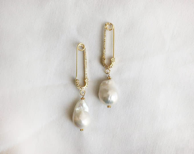 Diamond Safety Pin & Pearl Earrings