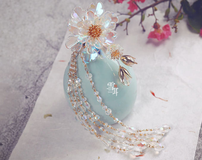HANDMADE TASSEL GLASS PEONY HAIRPIN, HANFU ACCESSORIES