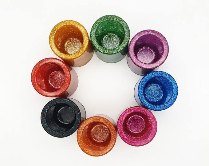 Multi-coloured Resin Glitter Shot Glasses.