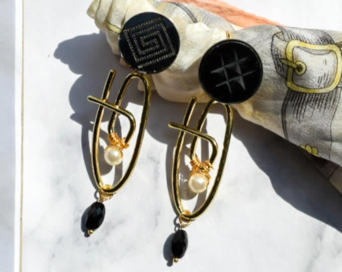 black vintage button earrings