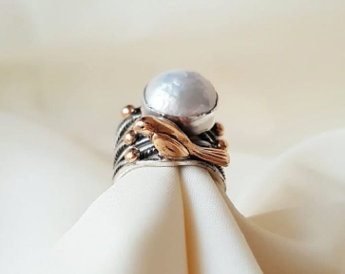 Adjustable Pearl Ring, 925 Sterling Silver Handmade Ring, Bird Ring, Natural Gemstone Silver Ring, Personalized Gift, Animal Ring