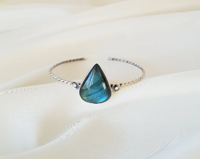 Gemstone Cuff Bracelet 925 Sterling Silver, Handmade Adjustable Bracelet, Labradorite Pearl Moonstone Cuff, Personalized Gift, Boho Bracelet
