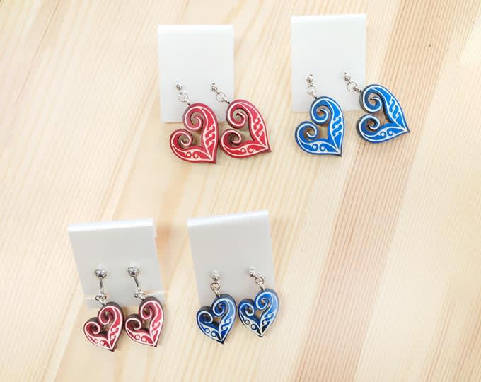 Ainu Traditional Handiwork | Colorful Hand Carved Wooden Earrings in Heart Shape