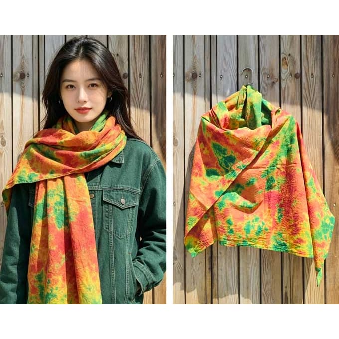 Autumn Sunburst Tie-Dye Scarf，Sunset Fire Tie-Dye Shawl，Coastal Twilight Tie-Dye Wrap