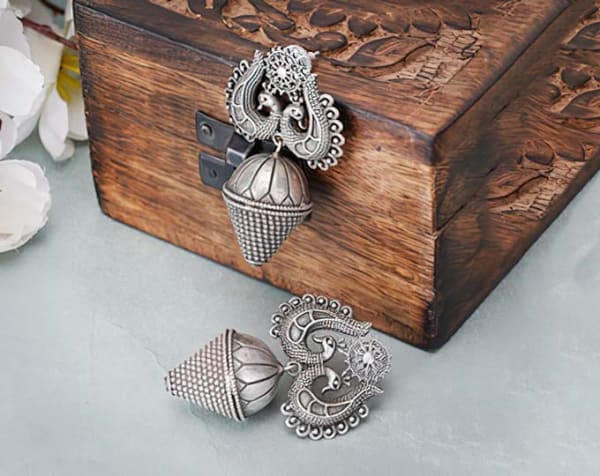 Dual Peacock Engraved Silver Earrings