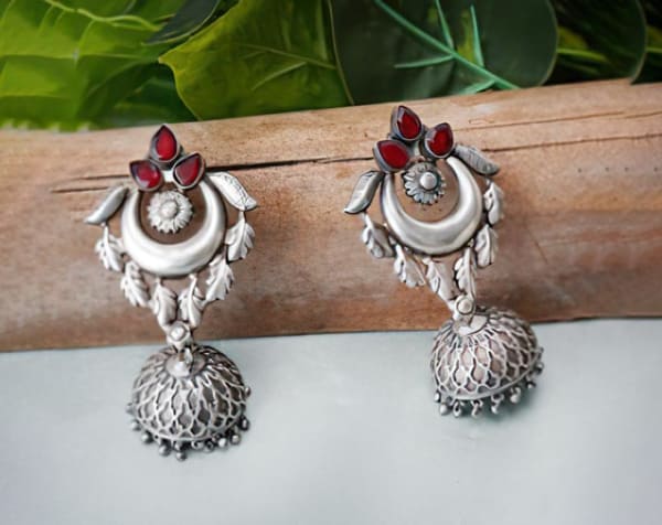 Red Stone Studded Leaf Designed Earrings