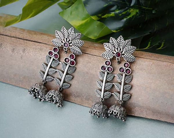Red Stone Work Silver Tone Leaf Earrings