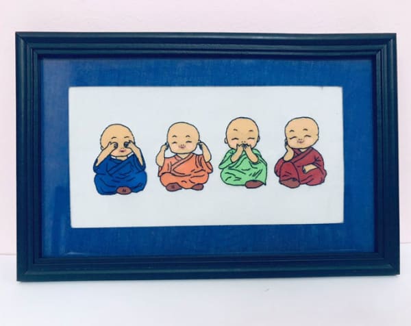 Hand embroidery wall hanging | Three wise monkeys- Buddhist monks version| Embroidery artwork |Framed textile artwork| Home decor |Wall art