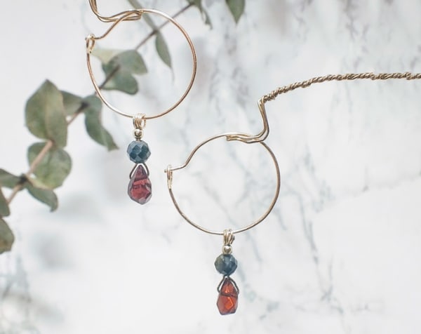 Victorian Gothic style gemstone dangle earrings with garnet and tourmaline gemstones, handmade, 14k yellow gold filled