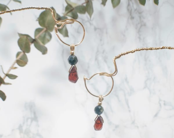 witchy huggie hoop earrings with garnet and tourmaline gemstones, Gothic jewelry, handmade with 14k yellow gold filled metal