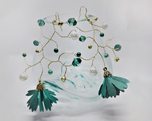 Gold and emerald green branch earrings