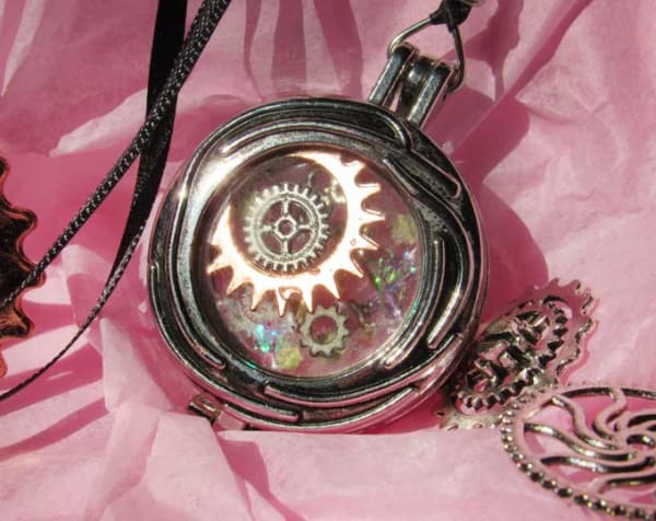 Steampunk Victorian style pocket watch with gears, key, holographic paper & clear rhinestones pendant necklace hung on black ribbon #steamp…