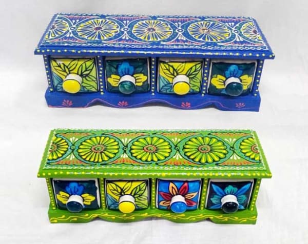 Wooden Painted 4 Ceramic Drawer ,Trinket box, small chest of drawers, ring box, handmade wooden box, spice box, coin box, pill box