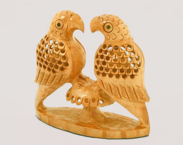 WOODEN PARROT PAIR - Carved Wooden Parrot Figurine / Handcarved Wooden Bird Sculpture / Bohemian Handcrafted Animal Wood Decor