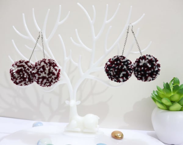 Cream, Black, Maroon Multi color Pom Pom Earrings