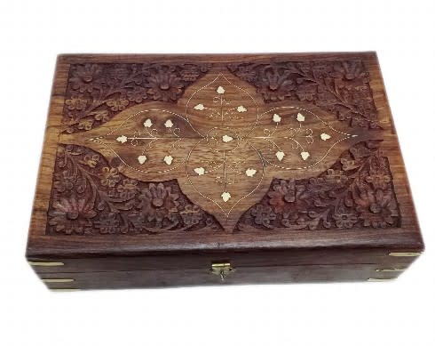 Carved Wood Box with Brass Inlay, Sheesham Wood Hinged Trinket Box,Box Hand Carved in India, Wood Box Brass Inlay Vines, Boho Box Decor