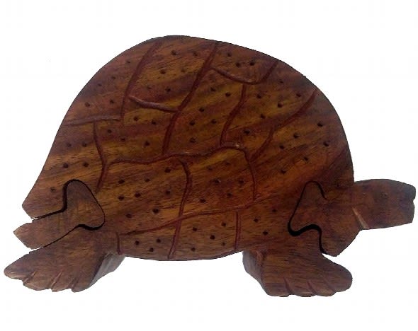 Handmade Wooden Tortoise Shaped Secret Hidden Puzzle Stash Box From India - Hand Carved - Hand made puzzle