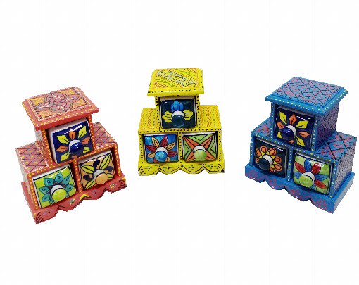 Assorted Wooden Painted 3 Ceramic Drawer ,Trinket box, small chest of drawers, ring box, handmade wooden box, spice box, coin box, pill box