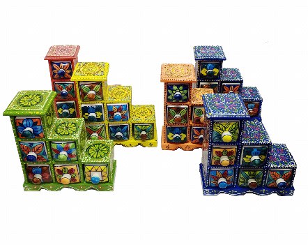 Assorted Wooden Painted 6 Ceramic Drawer ,Trinket box, small chest of drawers, ring box, handmade wooden box, spice box, coin box, pill box