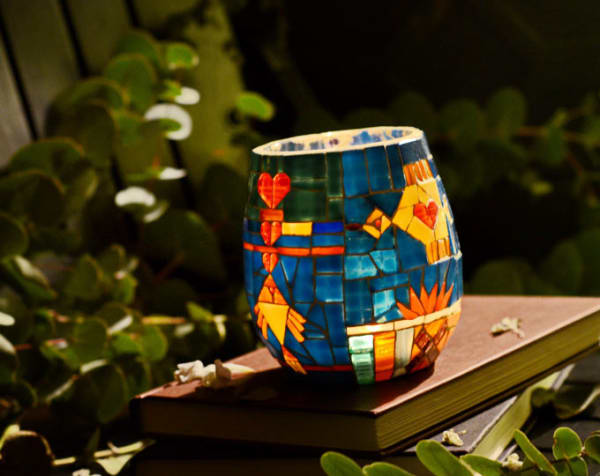 TAF|BIRD AND FISH|HAND-MADE MOSAIC GLASS CANDLESTICK RETRO HOME DECORATION