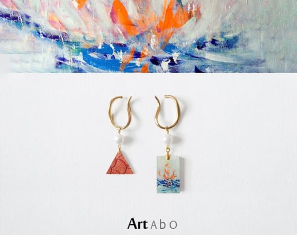 ArtAbO original art abstract oil painting earrings【Fireworks on the Sea curve 】
