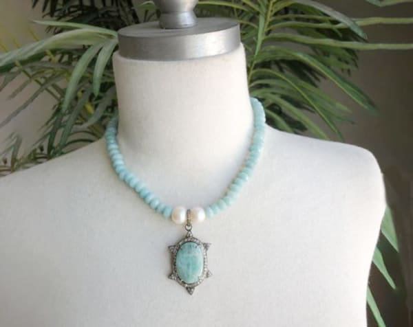 Larimar, Amazonite, Pearl & Diamond Necklace