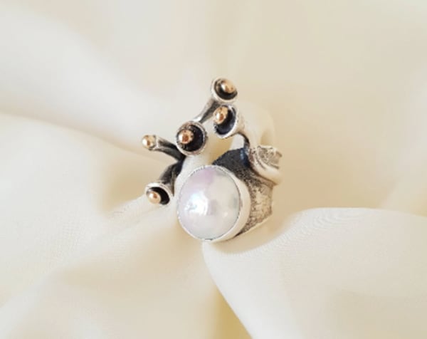 Large Pearl Silver Ring, 925 Sterling Silver Ring, Handmade Adjustable Ring, Natural Gemstone Silver Ring, Boho Ring, Personalized Gift