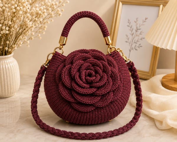 Handmade Crochet Rose Handbag – 3D Flower Shoulder & Crossbody Bag