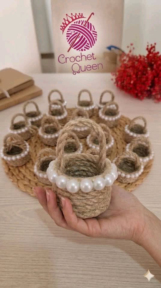 Ready-to-Ship Mini Jute Basket Wedding Favors with Pearl Beads | Rustic Handmade Party Favors | Bulk Wedding Gifts