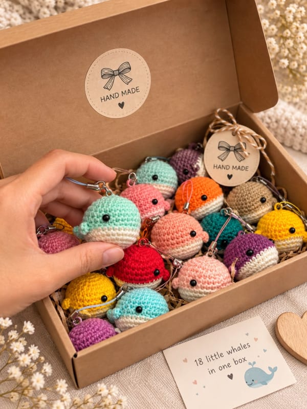 18 Handmade Crochet Whale Keychains - Surprise Gift Box