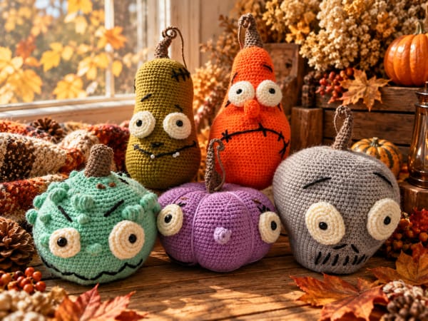 The Autumn Pumpkin Crew — Set of 5 Handmade Crochet Pumpkins + Gift
