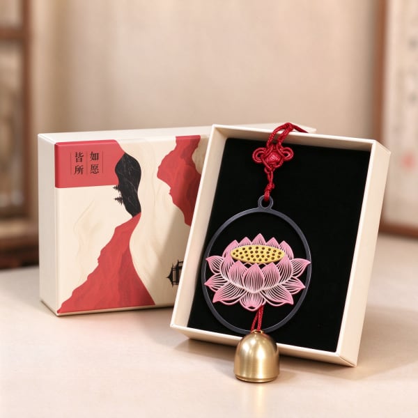 Wuhu iron painting, wrought-iron car hanging ornament, hollowed-out lotus design, brass bell, "May all your wishes come true", gift box set