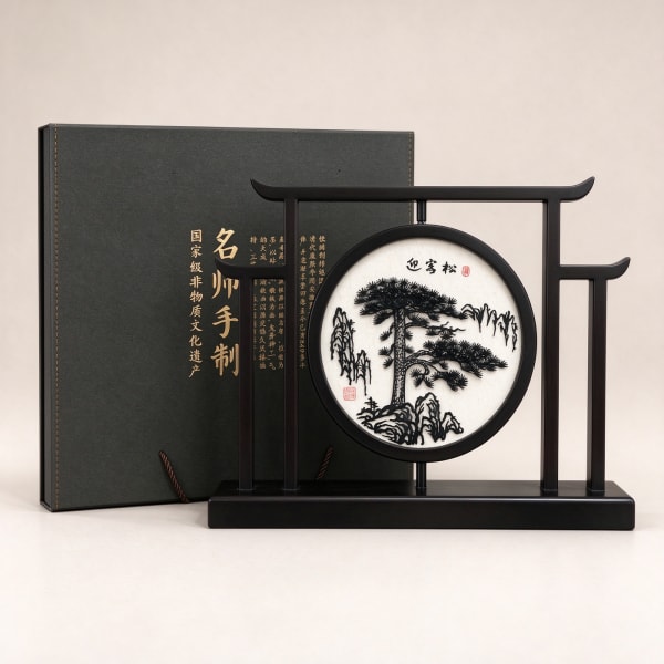 Wuhu iron painting, rosewood double-sided table screen, Guest-Greeting Pine, Wan charm, Joy on the Plum Branch, desktop ornament